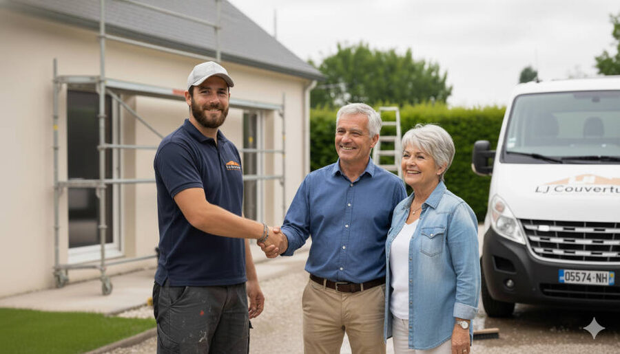 L'artisan LJ Couverture serre la main d'un couple de clients à Saint-Rémy-lès-Chevreuse, devant leur maison