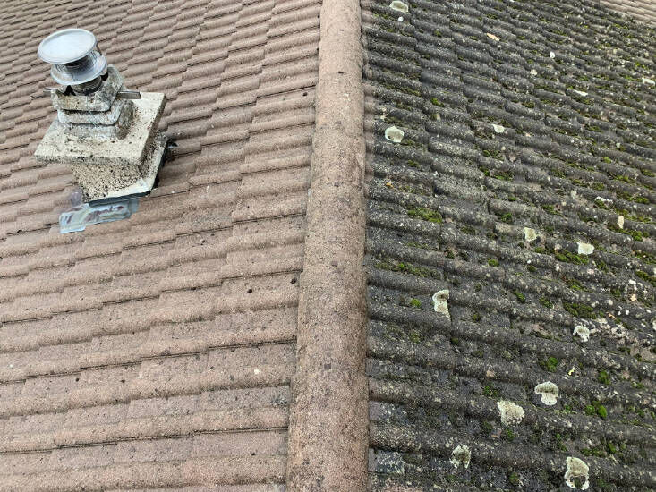Pan de toiture couvert de mousse à côté d’un pan déjà nettoyé, avant la fin du démoussage