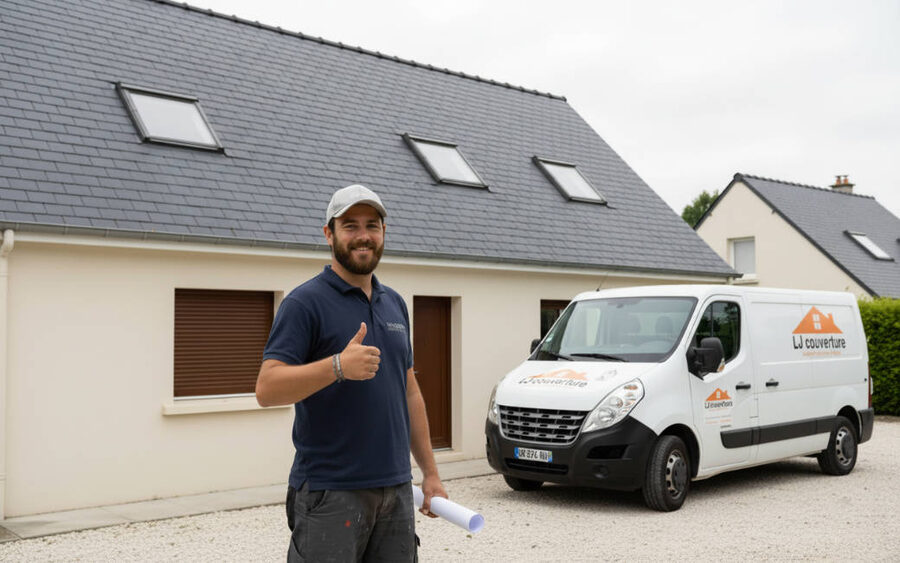 L'artisan LJ Couverture devant une maison en ardoise, à quelques minutes de La Celle-les-Bordes