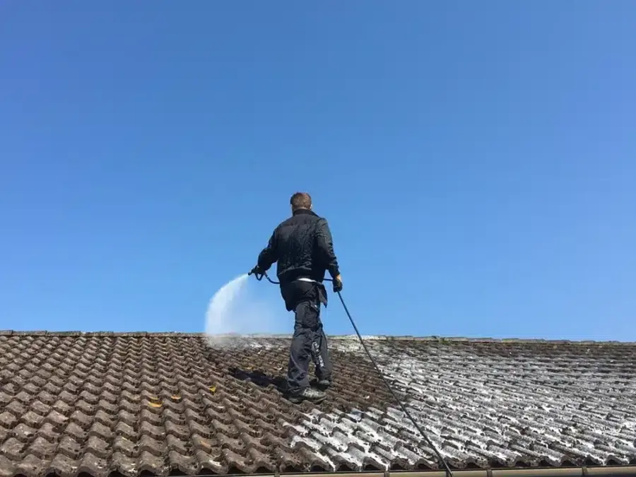 Application professionnelle d'un traitement anti-mousse sur une toiture en tuiles