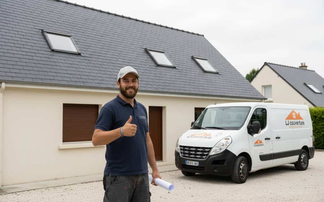 M Lafleur Jessy devant une maison avec toiture en ardoise à Choisel